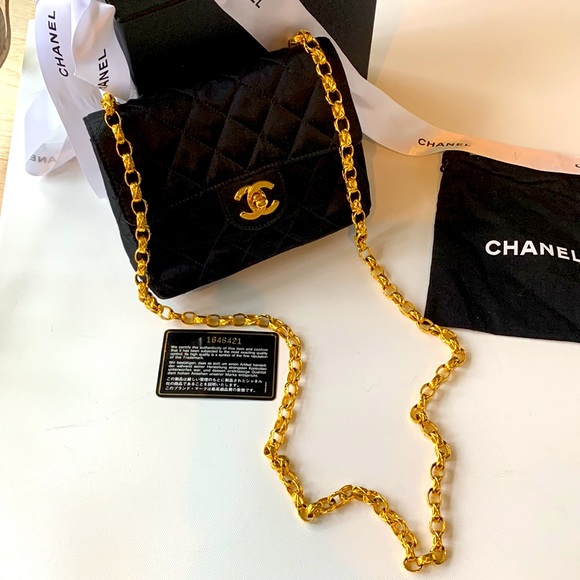 CHANEL 🖤RARE Vintage “1” Series Real Gold Bijoux Chain Black Satin Quilted Bag - Picture 15 of 16